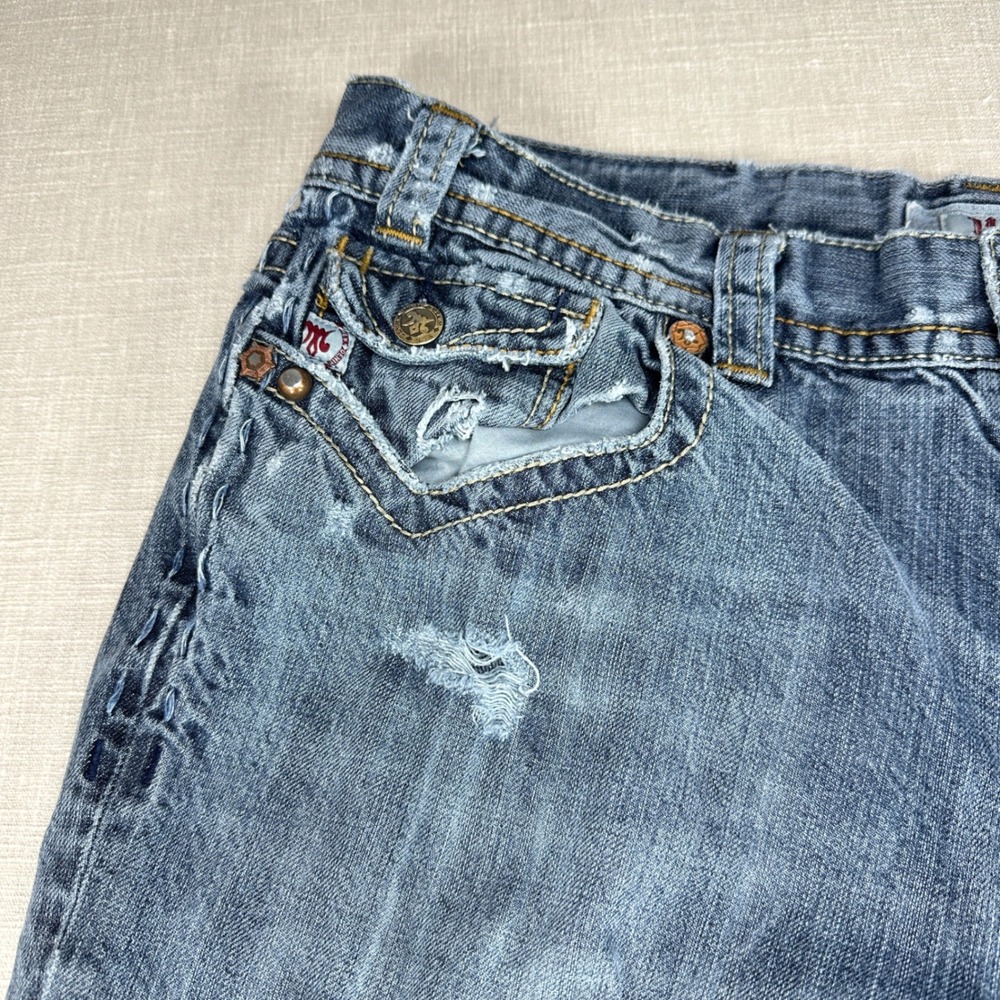 MEK Denim Mazatlan Jeans Mens 40 Blue Bootcut Distressed Embroidered Button Fly - Picture 7 of 16